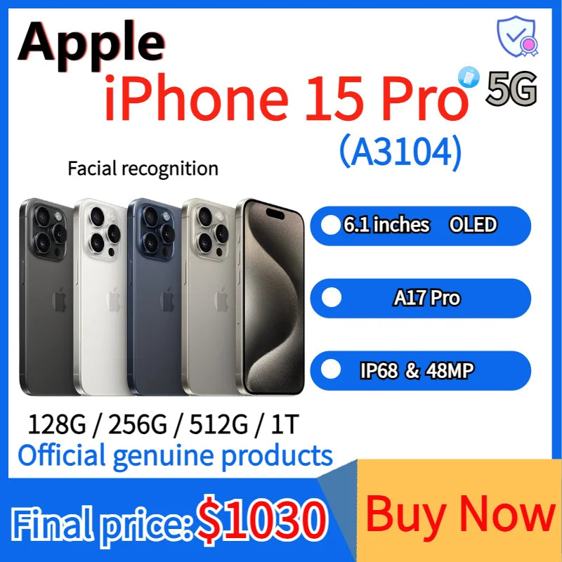 Apple iPhone 15 pro iOS 17 Apple A17 Pro Super Retina XDR OLED Display IP68 dust/water resistant Dual-SIM 100% New Original