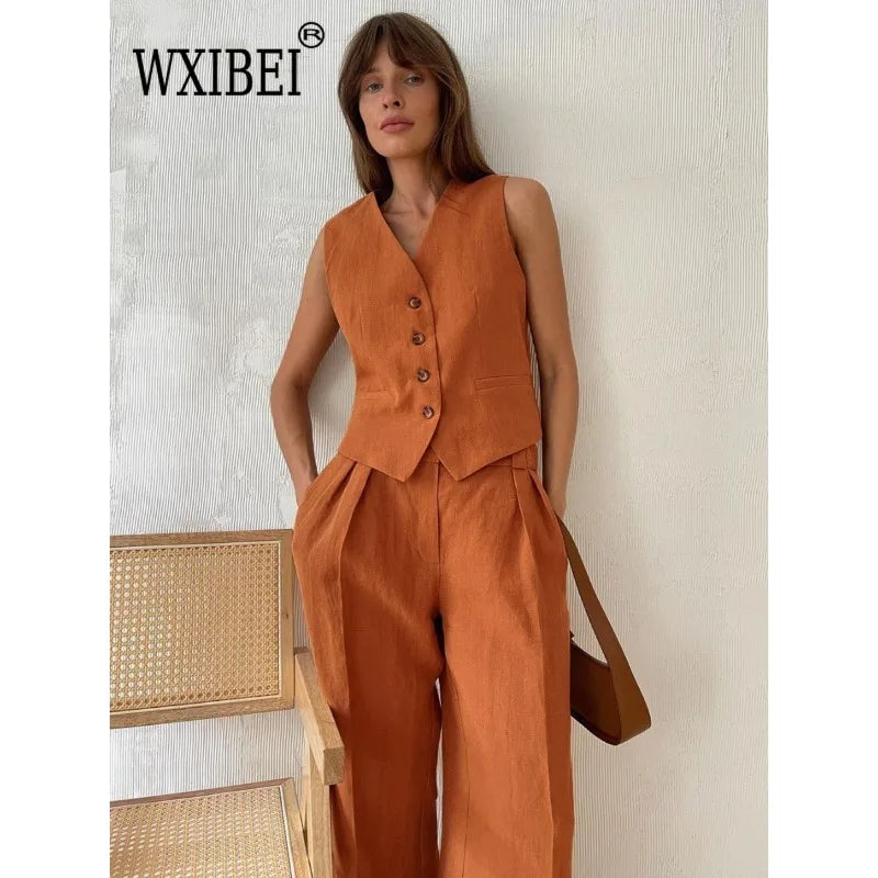 WXIBEI Womem Linen Cotton Chic Vest Pants Suit Two-Piece Set Office Ladies 2024 Summer New Chic 2 Piece Sets Womens Outfits