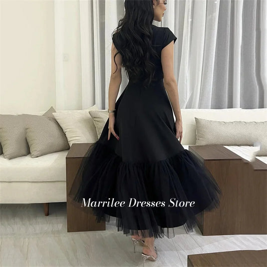 Marrilee Elegant Balck One Shoulder Stain Pleated Evening Dresses A-Line Tulle Tea Length Sleeveless Simple Cocktail Prom Gowns