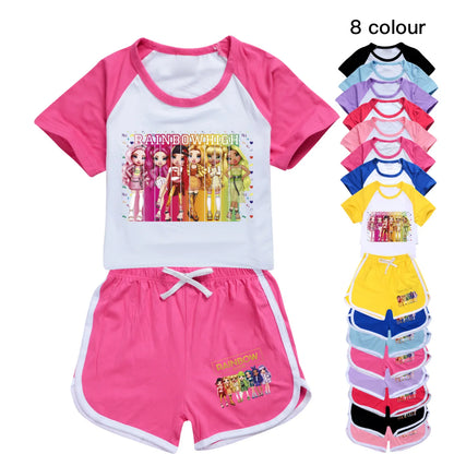 New Rainbow High Kids Clothes Outfits Cartoon Baby Girls T-shirt+Shorts Children Home Casual Sports Short-sleeved Pyjamas Suit