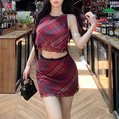 Set Women 2024 New Summer Waist Slimming Round Neck Patchwork Vest Top + Pure Desire Short Skirt Two-piece Set