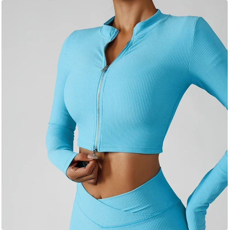 Ribbed Yoga Jacket Women Two Way Zipper Front Crop Tops Sportswear Elegant Sport Training Wear Gym Clothing Tight Workout Top