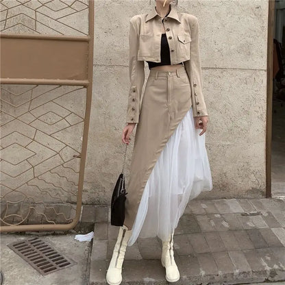 Short suit jacket, high waisted mesh skirt, two-piece set for women's 2024 autumn new workwear set