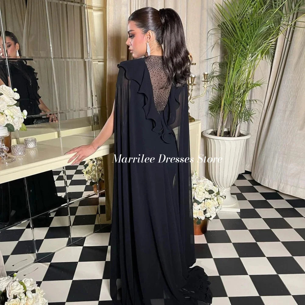 Marrilee Charming Chiffon Black A-Line Sequins Evening Dresses فساتين V-Neck Cap Sleeves Floor Length Prom Gown Formal Occasions