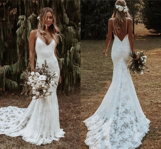 Mermaid Bohemian Wedding Dresses For Brides Spaghetti Straps Backless Floral Lace Bridal Gowns Court Train Boho Robes De Mariee