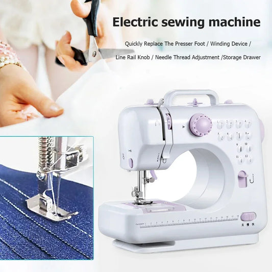 Portable Sewing Machine for Beginners Mini Electric Household Crafting Mending Overlock with 12 Stitches Presser Foot Pedal