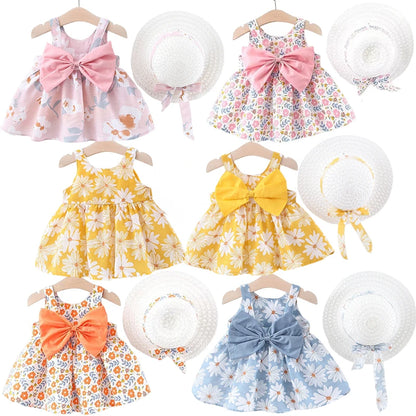 Baby Girls Summer Vest Dress with Hat Kids Flower Print Princess Dress Korean Children Clothes Kids Casual Dress With Large Bow