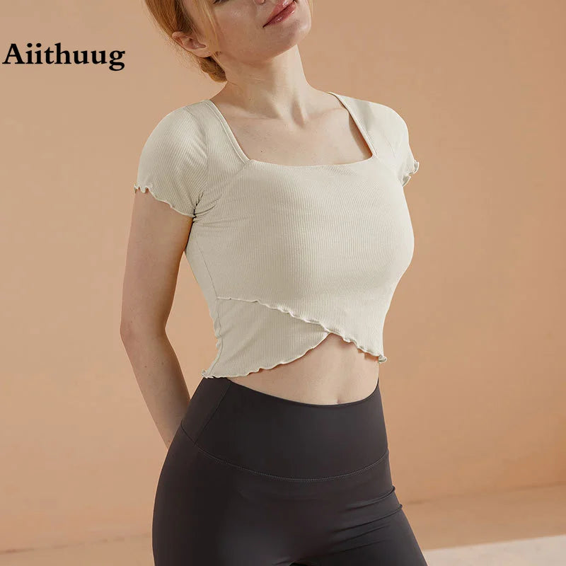 Aiithuug Yoga Crop Top Short Sleeve Gym Shirts Golf Shirt Workout Tops Fitness Top Sportswear Active Wear Top Gym Crops Wood Ear