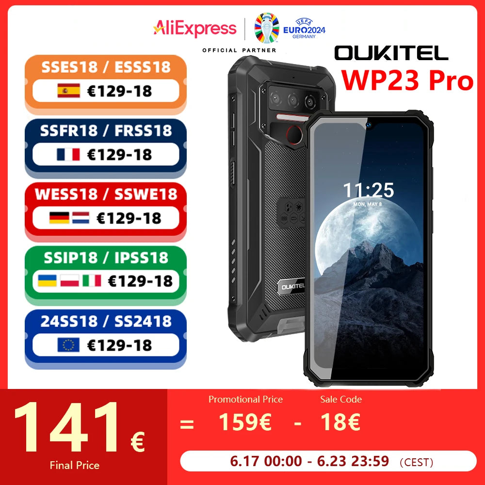 Oukitel WP23 Pro Rugged Smartphones 6.52'' HD+ INCELL Smartphone Unisoc T606 Octa-core 256G Android 13 10600mAh 13MP Camera NFC