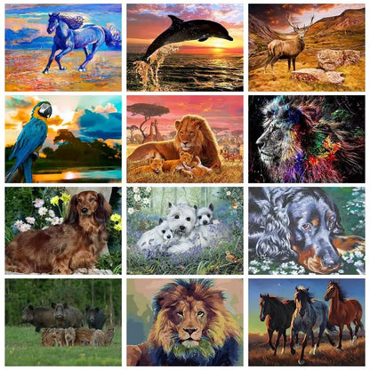 GATYZTORY 5D Diamond Painting With Frame Animals Horse Dog Lion Cross Stitch Wall Decors Diy Crafts For Adults Gift Mosaic Art