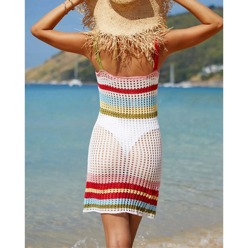 2023 Summer Women Striped Print Spaghetti Strap Hollow Out Knitted Cover-Ups Sexy Swimwear Beach Outfits Sundress Vacation