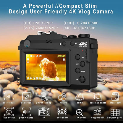 Digital Camera for Photography 4K Vlog Camera Dual Cam Front and Rear 48MP HD Video Autofocu 18X Zoom 32G TF Card WiFi Camcorder