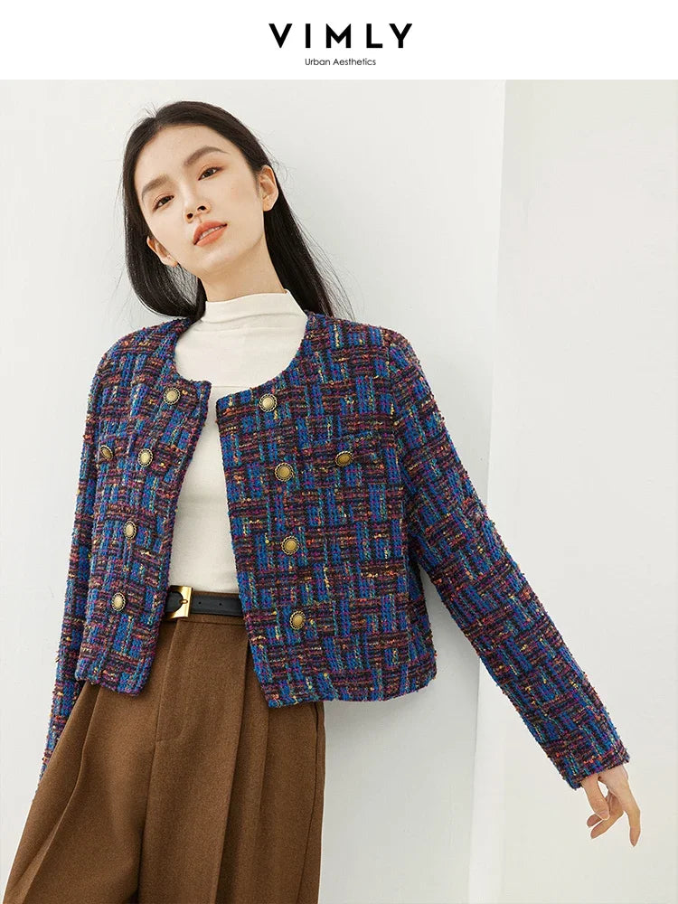 VIMLY Cropped Tweed Jacket for Women 2024 Spring Elegant Contrast Plaid Double Breasted Short Woolen Coat Female Outerwear 16106