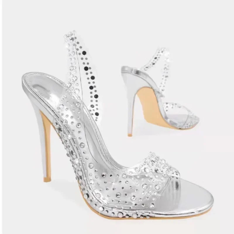 Champagne Silver Gold Crystal Bride Shoes Clear PVC Bling Bling Rhinestone Slingback Party Sandals Open Toe Sparkly Heels