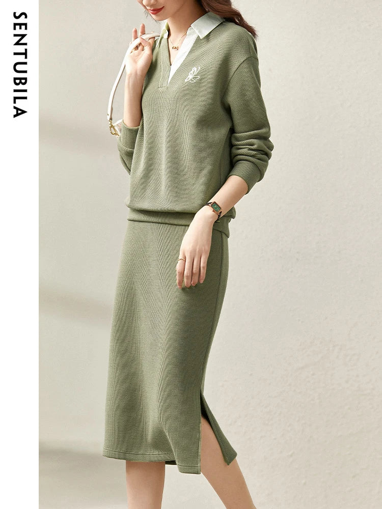 SENTUBILA Casual Sweatshirt Midi Split Skirt Two Piece Set Women's Autumn Outfit 2023 Fall Fashion New In Matching Sets Clothing