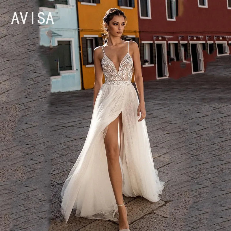 Sexy Beach Wedding Dress Vestido de noiva Side Split  Lace Tulle Bohemian Bridal Dress Sleeveless Spaghetti Straps Wedding Gowns