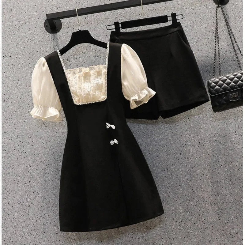 Summer Outfits Women's New Patchwork Age Reducing Slimming Dress Top High Waisted Casual Shorts Two-piece Set For Women