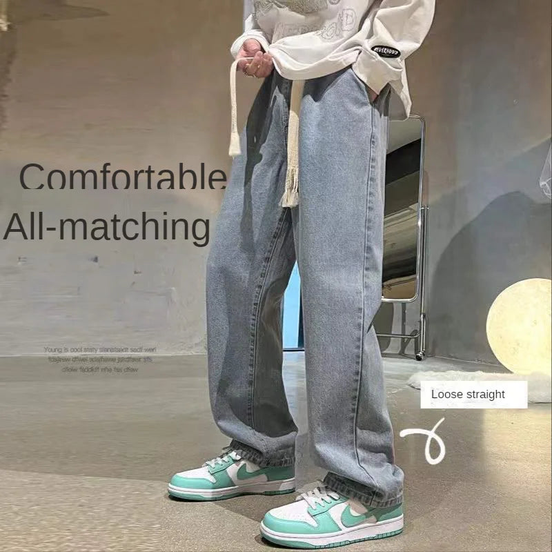 Spring Autumn 2022 Woven Drawstring Vintage Jeans CowBoys Straight Loose Wide Leg Fashion Streetwear Baggy Cargo Long Pants