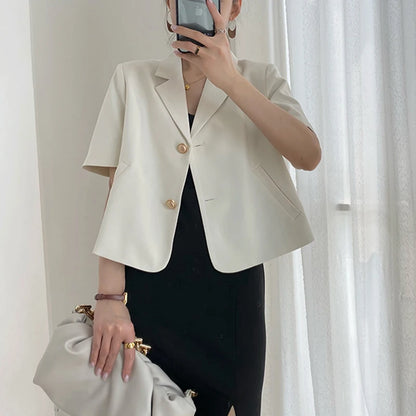 Women Suit Jacket Solid Casual Loose Short Sleeve Button Female Coat Korean New Office Commuter V Neck All Match Ladies Jacket