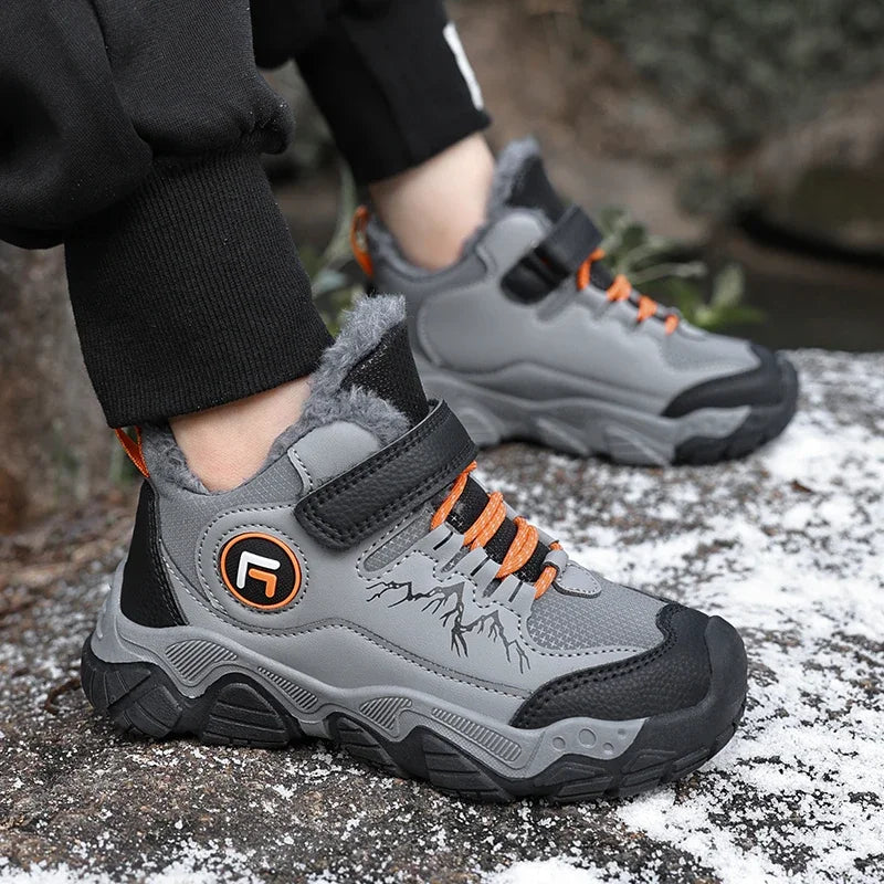 New Children Shoes Winter Outdoor Hiking Shoes for Kids Warm Plush PU Leather Sneakers Boys Waterproof Anti-slip Sports Shoes