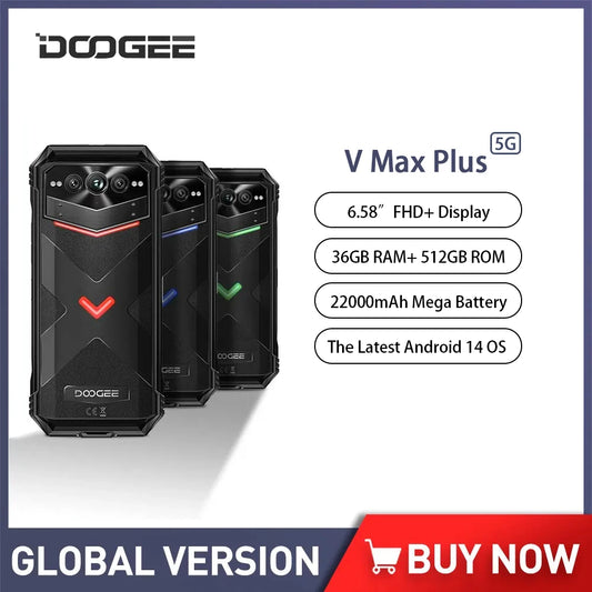 DOOGEE V Max Plus 5G Rugged Phone 22000mAh 512GB ROM 36GB RAM Smartphone Android 14 200MP 33W 6.58 Inch Octa Core Cellphone NFC