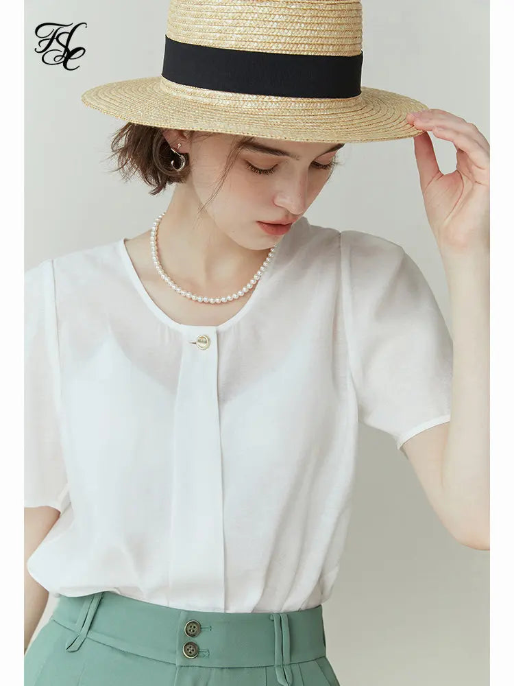 FSLE French Style Fresh Solid Color Light Shirt for Women Commuting Casual Simple Short-sleeved Top Office Lady Summer New