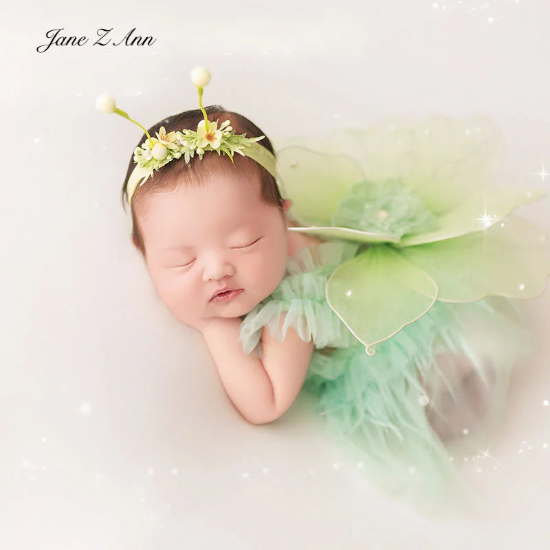 Newborn baby girl green spring series costume lace hat/headwear+mesh princess dress+pillow easy posing photo props