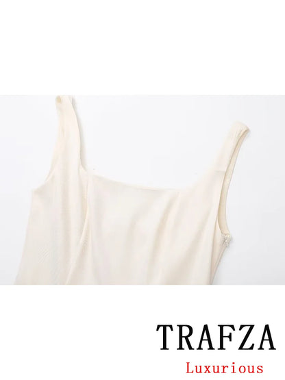 Here's an optimized product title for the given description: TRAFZA Vintage Chic Women's Backless Cami Dress - White Ruffles, Slim Fit - 2024 Summer Fashion.