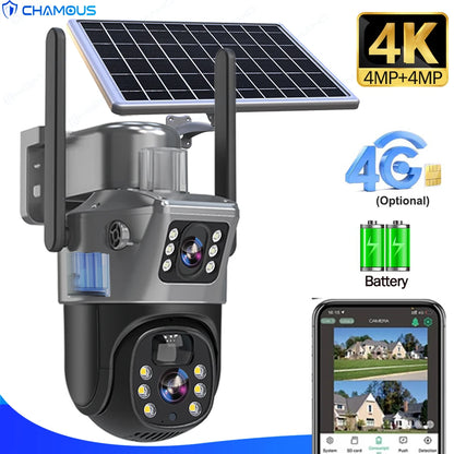 4K 8MP 4G Sim Card Solar Camera Outdoor Battery WiFi IP Cam Dual Lens Dual Screen Security-Protection Wireless Surveillance CCTV