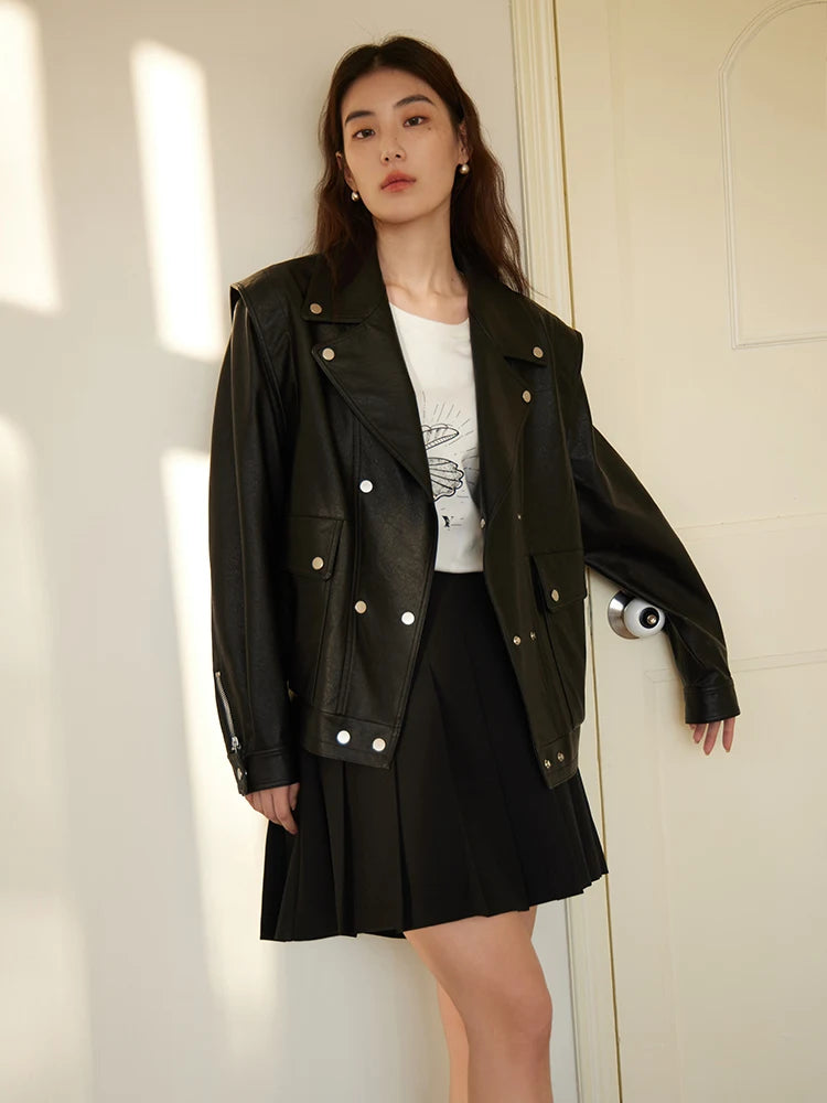 DUSHU Motorcycle Cool Style Fashionable Leather Jacket for Women Retro Removable Sleeves Two-wear Loose Leather Coat Female