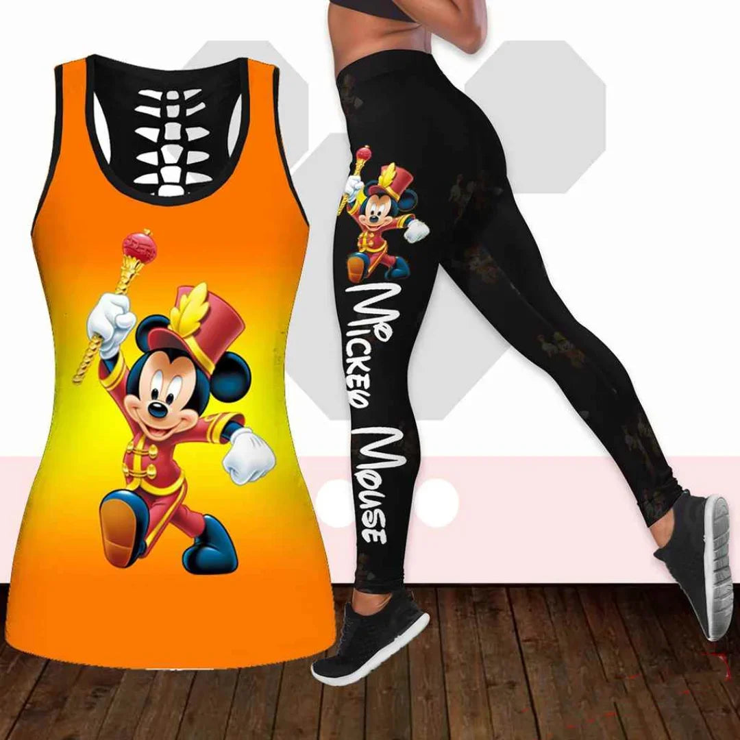 New Mickey Mouse Women's Hollow Vest + Womens Leggings Yoga Suit Fitness Leggings Sports Suit Disney Tank Top Legging Set Outfit