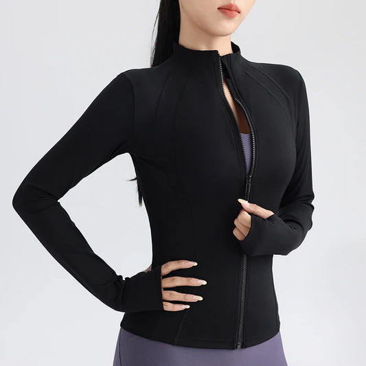 Gym Women's Full Zip Yoga Top With Thumbholes Fitness Running Jacket Stretch Fit Long Sleeve Round Neck Top Sportswear