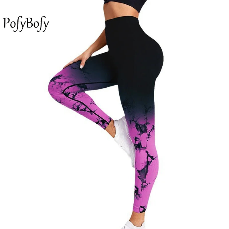 PofyBofy Gradient Tie Dye Scrunch Butt Wide Waistband Tummy Control Women’s Seamless Legging Peach Buttock Yoga Fitness Gym Pant