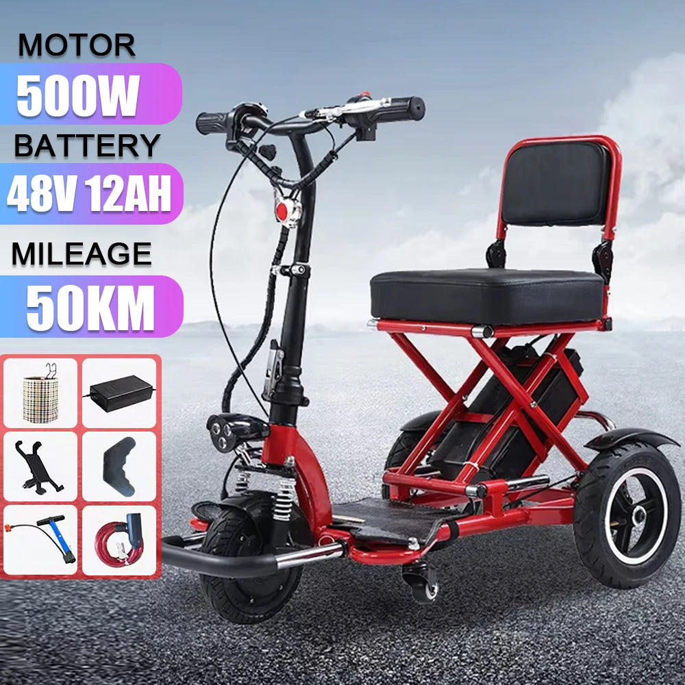 Foldable Disability Mobility Scooters 3 wheel elderly Electric Scooter Mini Small Adult 500W 48V12AH  Removable Lithium Battery