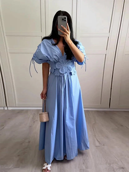 Elegant Pleated 3d Flower Long Dress Women Chic V-neck Short Sleeve High Waist Female Party Dresses 2024 Summer Lady Floral Robe