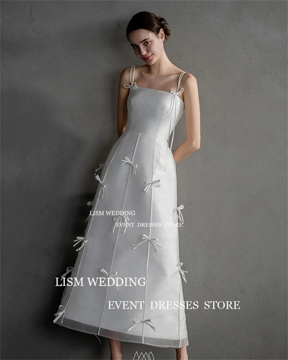 LISM Boat Neck Satin Wedding Dress with Spaghetti Straps & Open Back - Simple Bow Floor Length - Custom Size