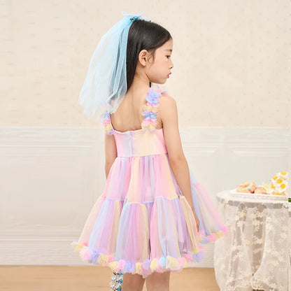 New Dress Girl Summer Party Children Sleeveless Mesh Princess Dress Patchwork Cute Rainbow Dress Kids Clothes