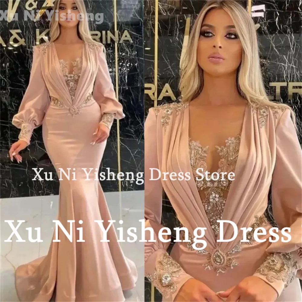 Gorgeous V-Neck Formal Dress Long Sleeves Beads Lace Appliques Satin Mermaid Special Evening Dress Party Dress Vestidos De Festa