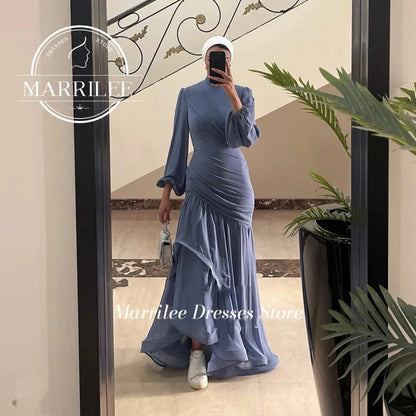 Marrilee Elegant Long Sleeves High Neck Pleated Prom Gowns Formal Occasions Charming Tiered Floor Length Evening Dresses Rodes