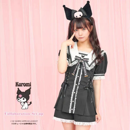 SC Kuromi Sailor Sailor Collar Printed Bow Tie Short Sleeve Shorts Ladies Two-Piece Set Summer New Japanese Lolita Style Outfits