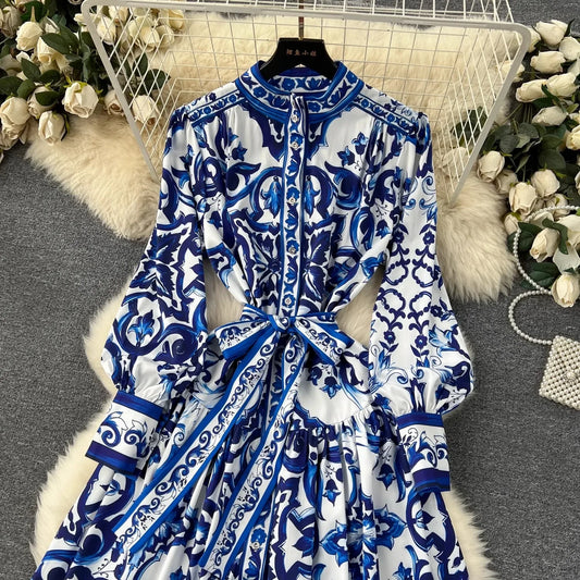 TRAF Runway Blue And White Porcelain Print Holiday Maxi Dress Women's Stand Single Breasted Loose Lace- Up Long Robe Vestido