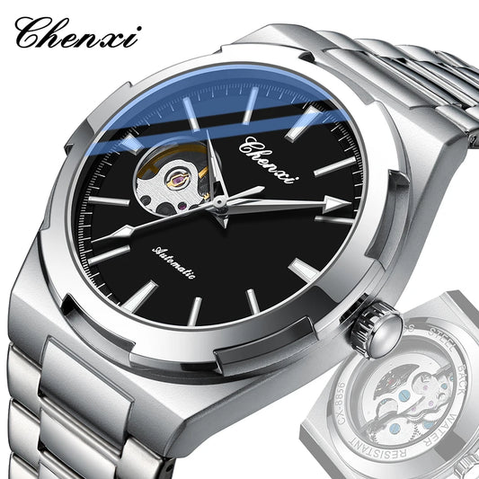 New Mens Watch Mechanical Wristwatches Stainless Steel Fashion Sports Waterproof Watches for Men Hollow Out Automatic Movement