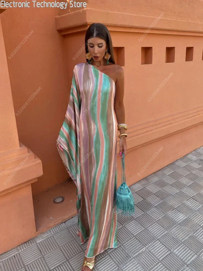 Women Colorful Tie Dyed Striped Print Long Dress Elegant Off Shoulder Single Sleeve Slim Robe Female Chic Beach Vacation Vestido