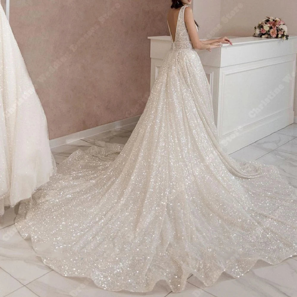 Sexy Deep V-Neck Women Wedding Dresses Beautiful Shine A-Line Bridal Gowns Mopping Length Princess Engagement Vestidos De Novias