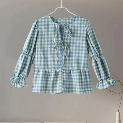 Fashion Plaid 3/4 Length Sleeve Womens Tops Short Puff Sleeve Lace Up Bow T Shirts 2024 Female Spring Summer Casual Blouses