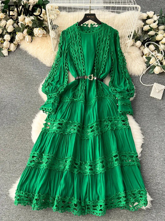 EWQ Hollow Out Lace Patchwork Puff Long Sleeve Solid Color Vestidos Sweet Style Women's Dress Winter Spring 2024 New 27SN5590