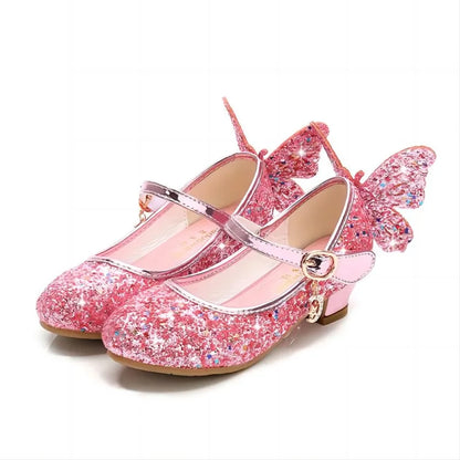 Princess Butterfly Leather Shoes Kids Diamond Bowknot High Heel Children Girl Dance Glitter Shoes Fashion Girls Party Dance Shoe