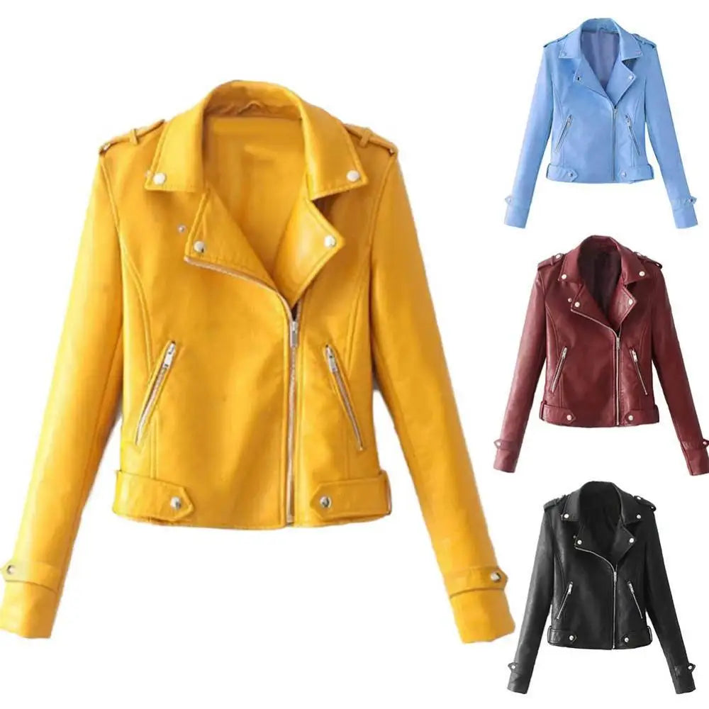 Plus Size Cool Short Jacket Autumn Zipper Coat Jacket Sweet Women Black Slim Lady PU Leather Jackets Female Faux Femme Outwear