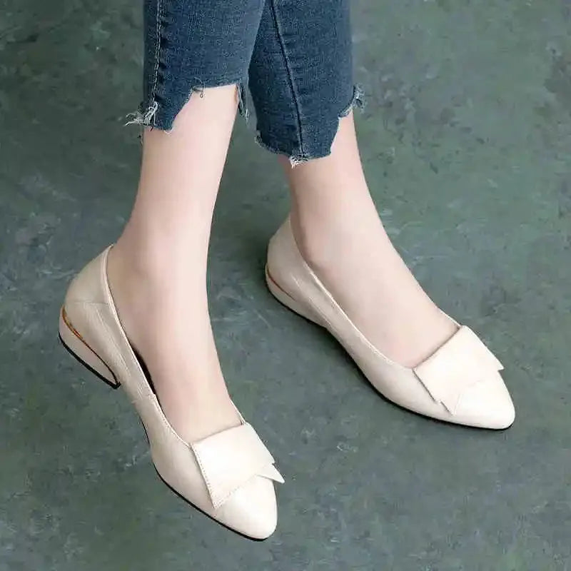 Flat Sole Single Shoe Women's New Spring and Autumn Shallow Cut Thick Heel Pointed Toe Women's Shoes Soft Sole Leather Shoes