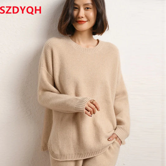 2023 Autumn Winter 100% Cashmere Sweater O-Neck Knitted Pullover Women's High Quality Thicken Jumper Female Loose Large Size Top